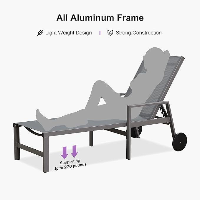 PURPLE LEAF Outdoor Chaise Lounge Set for 2 Aluminum Patio Chaise Lounger Chairs with Armrest and Wheels Adjustable Pool Chaise Lounge Chair for Beach Yard Poolside Table Included, Grey