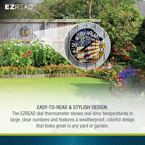 EZREAD Hanging Dial Thermometer 840-1232 Weather Thermometers for Indoor and Outdoor Use, Large 12.5 Inch Diameter, Easy to Read Numbers, American Flag on Barn