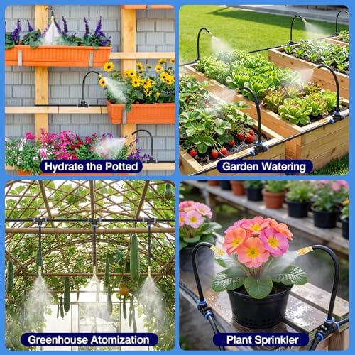 60FT Drip Irrigation Kit, 6mm Hose with Dual Outlet Splitter with Independent Valves & 15 360° Adjustable Brass Nozzles & 18 Snap-On Tees, DIY Automatic Watering for Greenhouse, Raised Beds, Garden