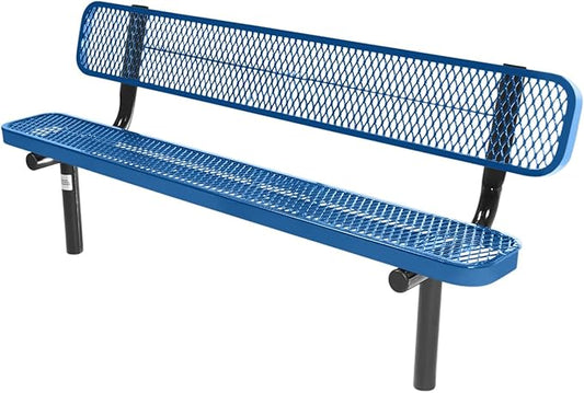 COATEDOUTDOORFURNITURE Heavy-Duty Outdoor Bench Thermoplastic Coated, Expanded Metal, Commercial-Grade Seating, Made in America (Inground with Back, 6 Ft, Textured Light Blue)