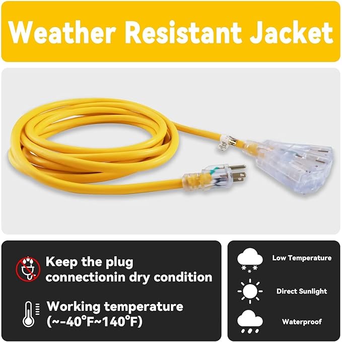 EP 50 Ft 12 Gauge Heavy Duty Extension Cord, 15A 125V 1875W, 3 Outlet Indoor/Outdoor Power Cord with Lighted End, 12/3 SJTW Weatherproof Yellow, UL Listed