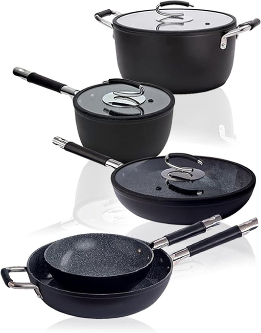 DaTerra Cucina Nonstick Dinner Party Bundle – 2.6 Qt Saucepan with Lid, 9.5" & 13" Frying Pans and 13" Wok and 8 Qt Dutch Oven with Lids, Durable Ceramic Coating, Made in Italy – Volcanic Black