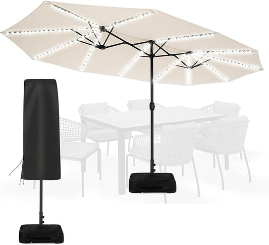 Sundale Outdoor Solar 144 LED 15 ft Patio Umbrella with Sandbag Base Included and Cover, Outdoor Double-Sided Umbrella