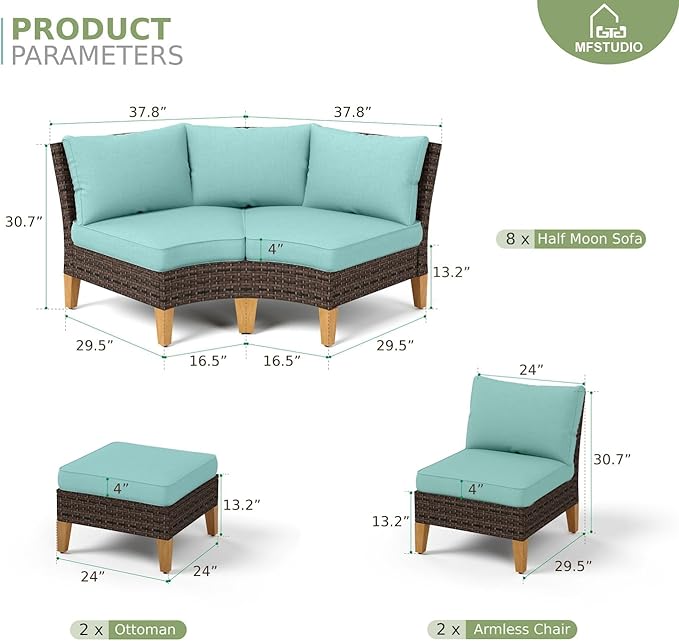 MFSTUDIO 12 Pieces Extra Large Wicker Patio Furniture Set, Rattan Outdoor Half-Moon Sectional Sofa Curved Patio Conversation Set, 8 x Curved Sofa, 2 x Armless Couch, 2 x Ottoman(Aqua Blue Cushion)