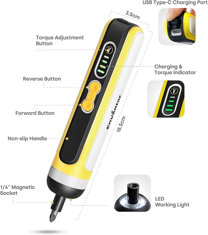 Enventor Cordless Screwdriver Set, 4V 6N.m Electric Screwdriver 2000mAh with USB Type-C Rechargeable, 3 Torque Settings, LED Work Light, Magnetic Bits Set, Bit extension Holder, Flexible shaft