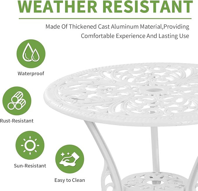Cast Aluminum Patio Bistro Sets 3 Piece, Outdoor Bistro Set 3 Piece, Aluminum Bistro Set Outdoor, Patio Table Set with 1.97" Umbrella Hole, Patio Furniture Set for Backyard, Porch