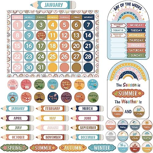 Tenare 82 Pcs Classroom Calendar Boho Weather Bulletin Board Set