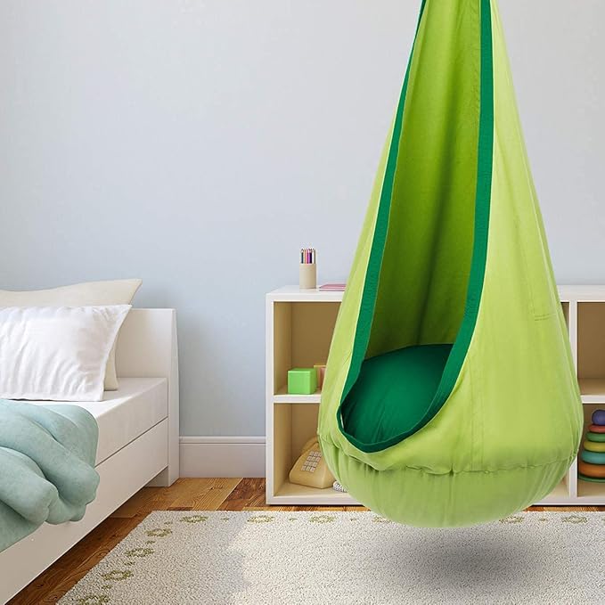 Y- STOP Kids Pod Swing Seat, Hanging Hammock Chair Swing with Inflatable Pillow, Sensory Swing Chair with Pocket for Outdoor and Indoor (Green)