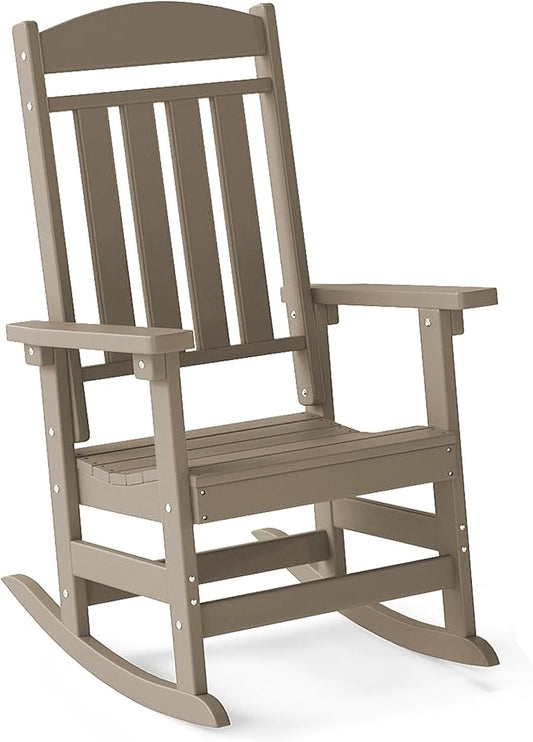 FOOWIN Outdoor Rocking Chair, High Back Patio Rocking Chair, HDPE All Weather Resistant Porch Rocker for Adult, Oversized Rocking Chairs for Garden, Lawn, Indoor & Outdoor Use, Brown