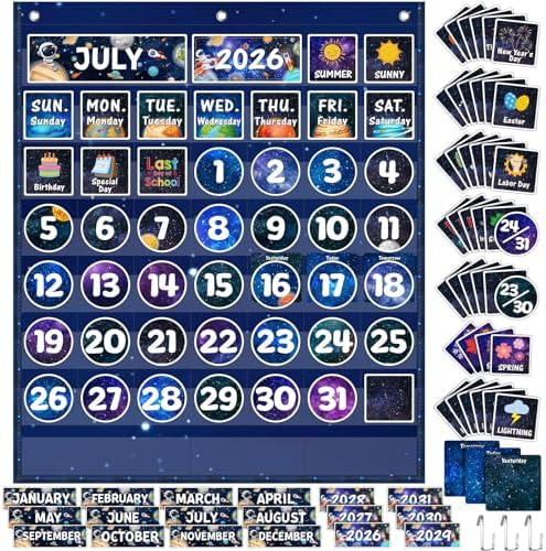 Sinload Classroom Calendar Pocket Chart Dark Blue, Space