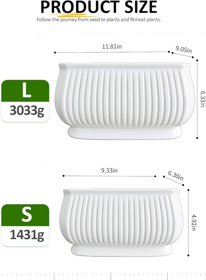 OXART Ceramic Plant pots Indoor Pots Set with Drainage Holes, 12+9 inch Flower Pot Rectangle Planters Pots for Plants for Plants Lilies, Cacti, Succulents, and Pothos, No Trays (White-2)