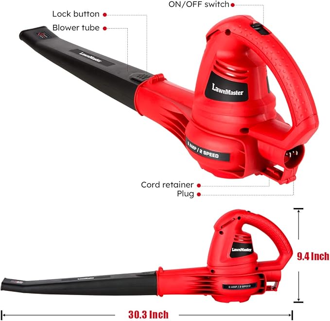 LawnMaster Red Edition BL805E 1201 Electric Leaf Blower 8 Amp 2-Speed 160 MPH & 180 CFM