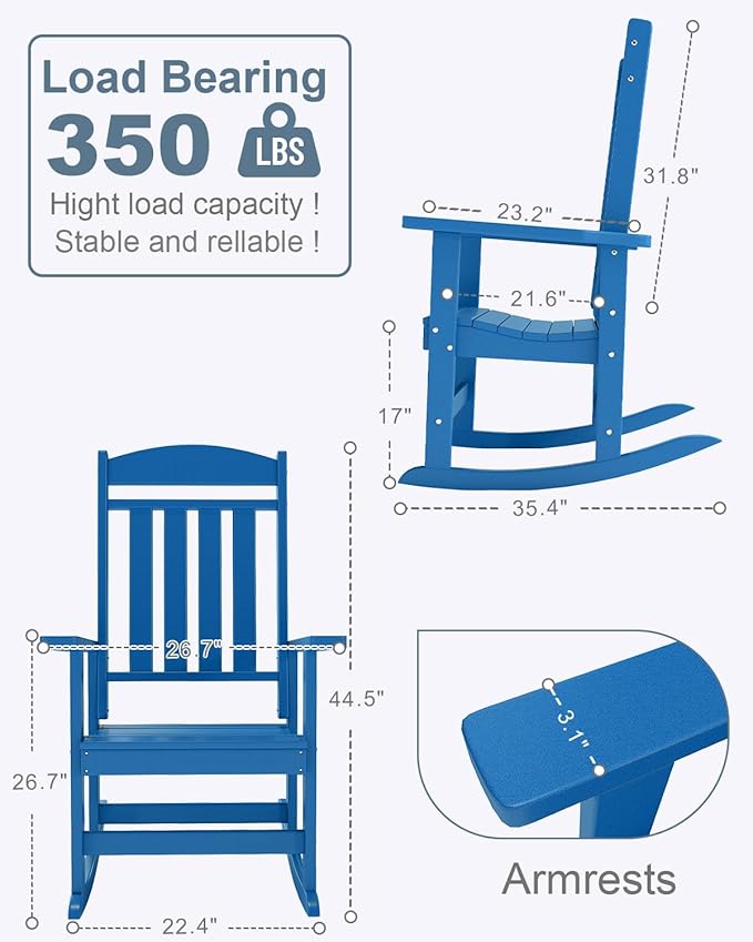 Outdoor Rocking Chairs, Oversized High Back Patio Rocking Chairs, All Weather Porch Rocking Chairs for Outside. Pacific Blue