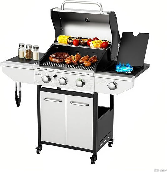 3-Burner Propane Gas BBQ Grill with Side Burner, 40,000 BTU Stainless Steel Gas Grill with Wheels and Storage,Outdoor cooking for Barbecue,Patio,Camping