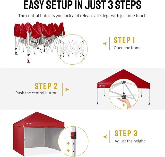 CROWN SHADES 10X10 Comercial Instant Canopy Pop Up Tent with Center Lock (10x10 with 4 Sidewalls, Red)