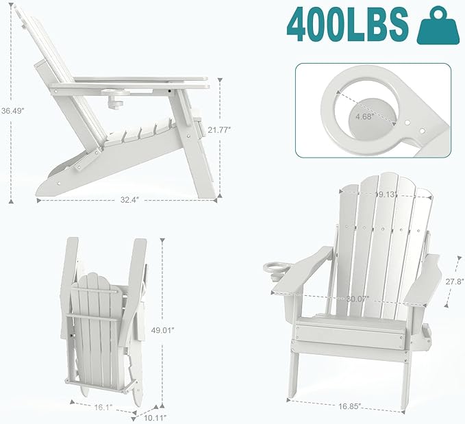 FOOWIN Adirondack Chair Set of 8, Folding Adirondack Chair with Cup Holder, HDPE All-Weather Fire Pit Chair for Patio, Garden, Backyard, Poolside, White