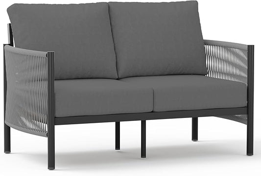 Aluminum Outdoor Patio Couch Loveseat, HDPE Rope Patio Sofa with Washable Thick Cushion, All-Weather Patio Furniture for Balcony, Yard, Gray Frame, Charcoal