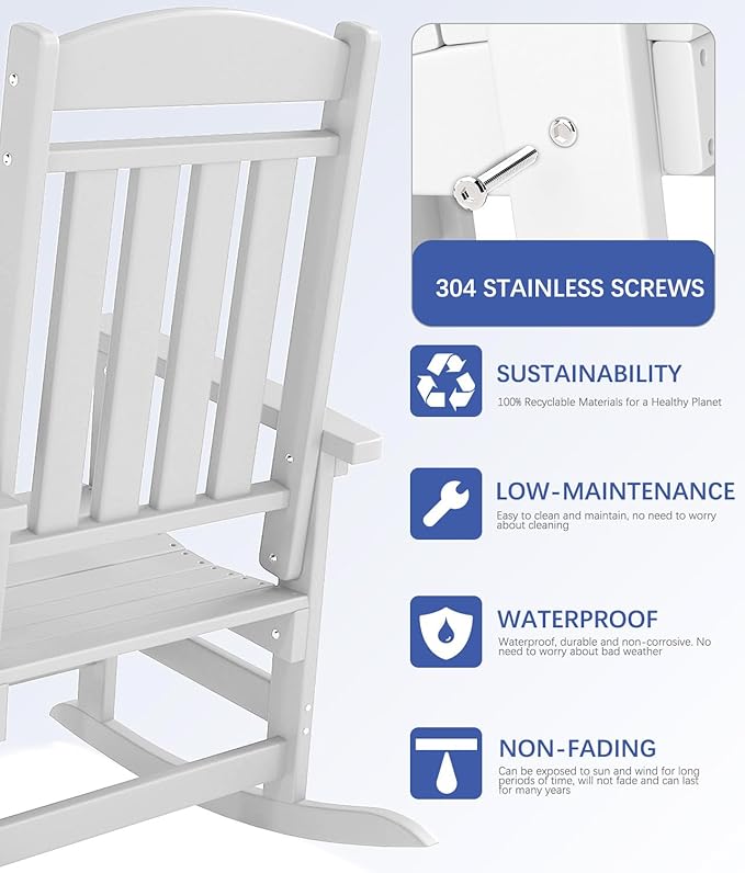 FOOWIN Outdoor Rocking Chair Set of 8, High Back Patio Rocking Chair, HDPE All Weather Resistant Porch Rocker for Adult, Oversized Rocking Chairs for Garden, Lawn, Indoor & Outdoor Use, White