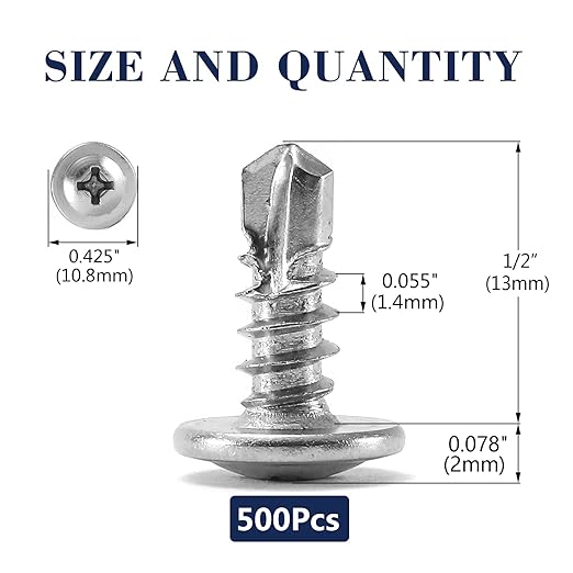 #8 x 1/2" Sheet Metal Screws 500PCS 410 Stainless Steel Truss Head Fast Self Tapping Screws by SG TZH