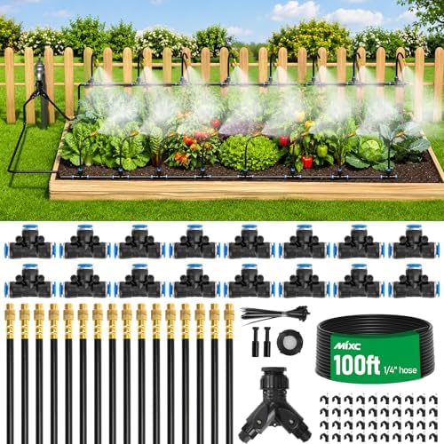 MIXC 1/4" 100Ft Drip Irrigation System for Garden with 16pcs 360°Adjustable Brass Nozzles & Bendable Rod,Upgraded Watering System Kit for Outdoor Plants,Lawn,Raised Bed,Potted Plant,Yard,Greenhouse