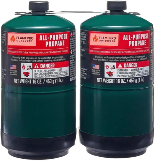 FlamePro Outdoors 2-Pack 16 oz Propane Fuel Tanks, Steel Construction, Universal Fit, Green