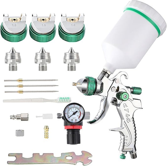ENDOZER Professional HVLP Spray Gun Set Gravity Feed Air Spray Gun with 1.3, 1.5, 1.8mm Nozzles 20oz 600cc with Gauge for Auto Paint, Primer, Clear/Top Coat & Touch-Up (Not Suitable for Latex Paint)