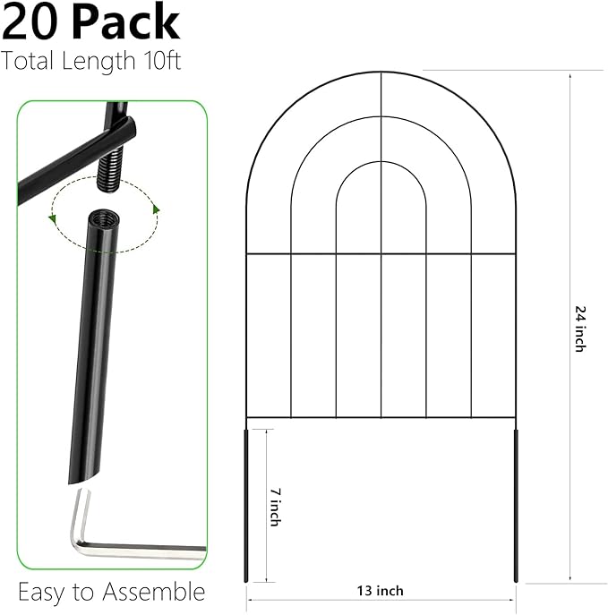 Decorative Garden Fence 20 Pack, Total 20ft(L) x 24in (H) No Dig Rustproof Metal Wire Fencing Border Animal Barrier, Flower Edging for Landscape Patio Yard Outdoor Decor, with 32ft Leaves