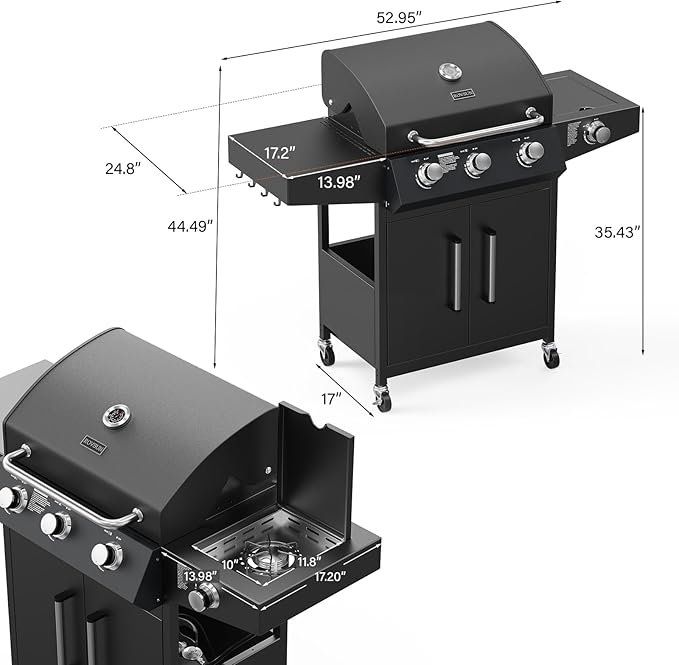 ROVSUN 3 Burner Propane Gas Grill with Side Burner, 46,000BTU BBQ Grills with Enameled Cast Iron Grates, Shelf & Cabinet for Outdoor Garden Patio Backyard Barbecue Cooking