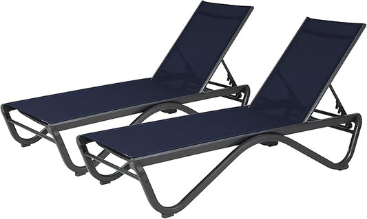 Kozyard 2Pack Patio Chaise Lounge Chair Full Flat Alumium Outdoor Reclining Adjustable Chair Flat Pool Chaise Chair for Sunbathing, Poolside (2NavyBlue Textilene W/O Table)