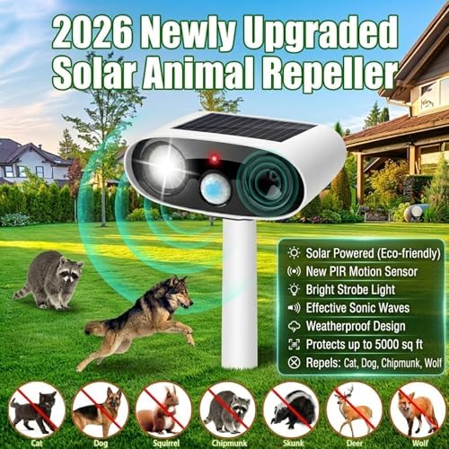 4Pack Solar Animal Repellent Outdoor,Ultrasonic Animal Deterrent with Flash Light,Waterproof Ultrasonic Deer Repeller&Cat Repellent Devices for Garden Yard,Control Rabbit Raccoon Dog Squirrel