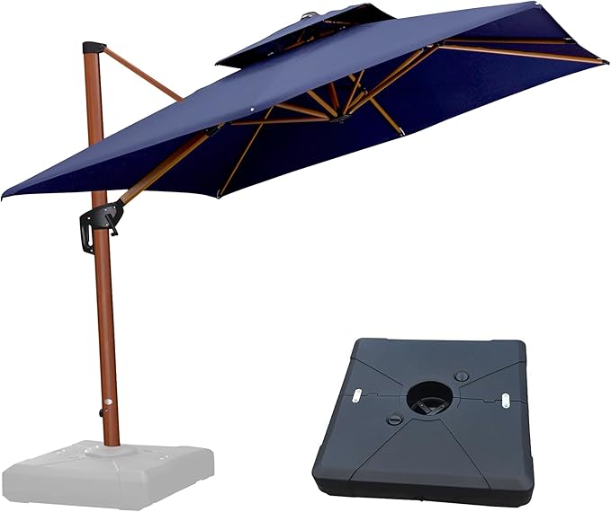 PURPLE LEAF Patio Umbrella with Base Outdoor Square Umbrella Large Cantilever Umbrella Windproof Offset Umbrella Heavy Duty Sun Umbrella for Garden Deck Pool Patio, 9ft Navy Blue