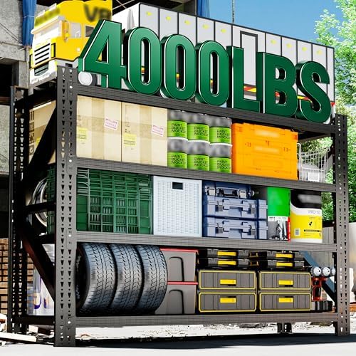 4-Tier Heavy Duty Garage Shelving,Industrial Shelving for Low Ceilings,Garage Storage Racks Heavy Duty Steel Shelves,Compact Metal Rack for Basements,Garages with Ductwork,Apartments