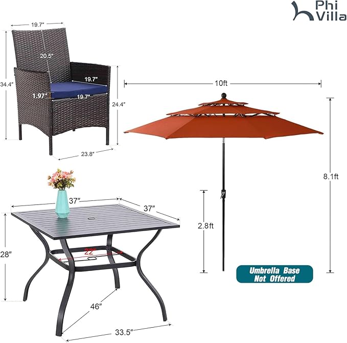 PHI VILLA 5 Piece Patio Dining Set with 10ft Umbrella, 37" Square Metal Dining Table & 4 Cushioned Rattan Chairs with Red Umbrella for Outdoor, Deck, Yard, Porch