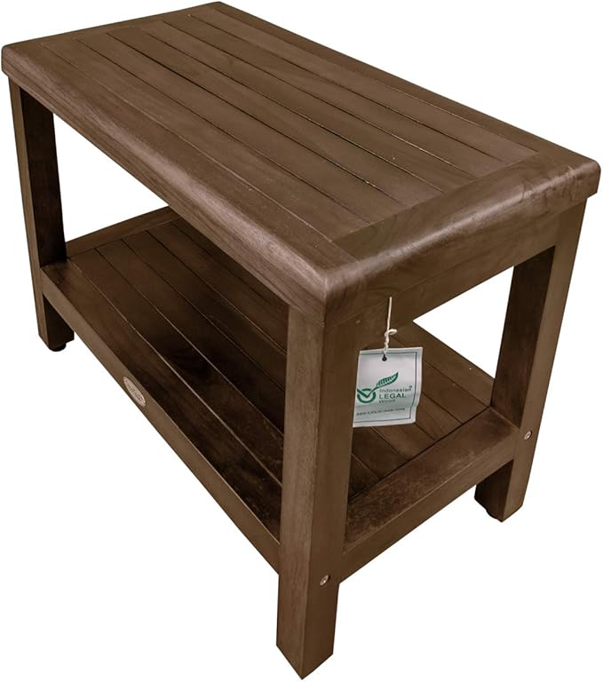 DecoTeak Eleganto 24 Inch Brown Waterproof Teak Wood Shower Bench Stool Seat Chair for Inside Shower Storage Shelf Provides Safety, Storage, and Organization for Bathroom Accessories
