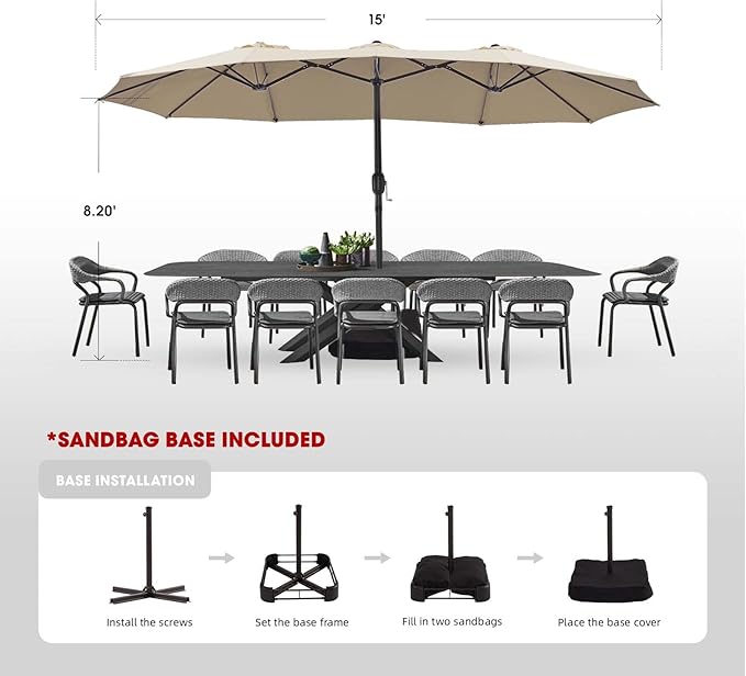 wikiwiki 15ft Large Patio Umbrellas with Base Included, Outdoor Double-Sided Umbrella with Crank Handle, Powerful UV Protective, for Pool Lawn Garden, Tan