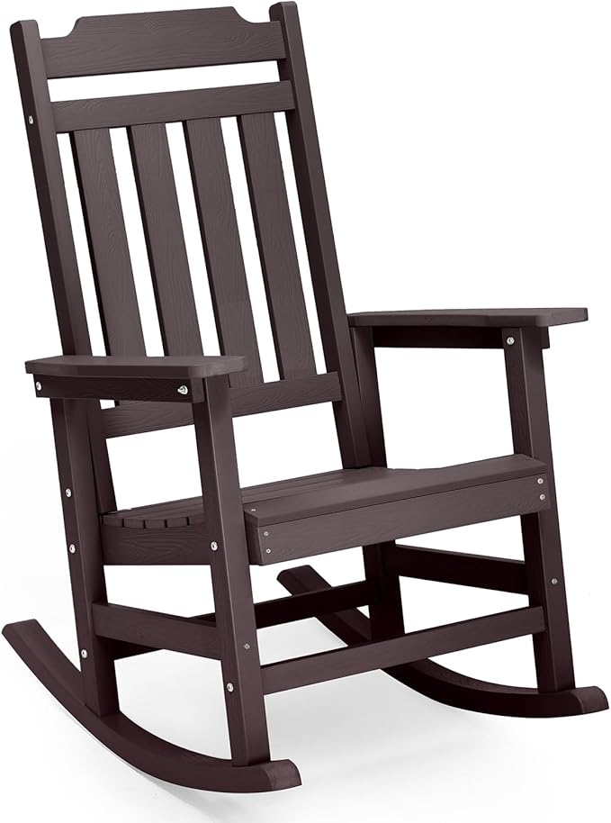 Rocking Chair, All Weather Resistant Poly Lumber Outdoor Porch Rocker, Rocking Chairs for Outdoor, Indoor, Patio, Deck, Garden, Backyard, Load Bearing 380 lbs - Brown