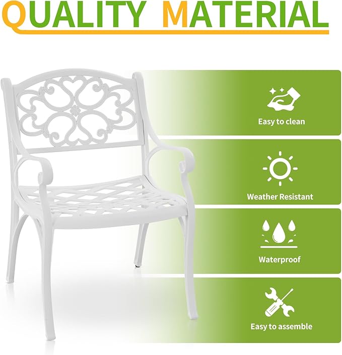 Cast Aluminum Patio Chairs Set of 2 Outdoor Dining Chairs,All Weather Metal Patio Bistro Chair with Adjustable Feet,Patio Dining Chair for Garden,White