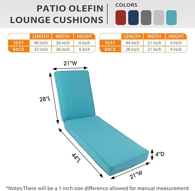 Sundale Outdoor Olefin Chaise Lounge Cushion, Water-Resistant Patio Lounge Chair Cushion, Thick Lounger Pad with 4 Straps Teal, 72 x 21 x 4 Inches