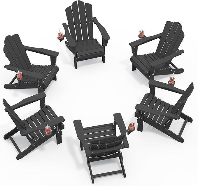 KINGYES Folding Adirondack Chair Set of 6, HDPE All-Weather Patio Chairs with Cup Holder, Wooden Textured Fire Pit Chairs for Poolside, Backyard, Deck, Grey