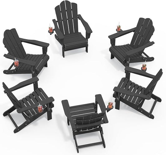KINGYES Folding Adirondack Chair Set of 6, HDPE All-Weather Patio Chairs with Cup Holder, Wooden Textured Fire Pit Chairs for Poolside, Backyard, Deck, Grey