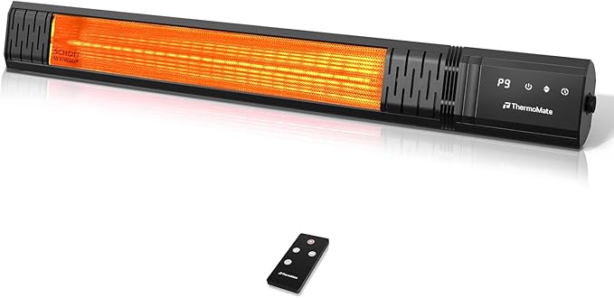 Small Outdoor Heater for Patio, thermomate 1500W IP65 Electric Infrared Heater with Low Glare Schott Glass, 9 Heating Levels & 24H Timer, Plug-in 120V Black