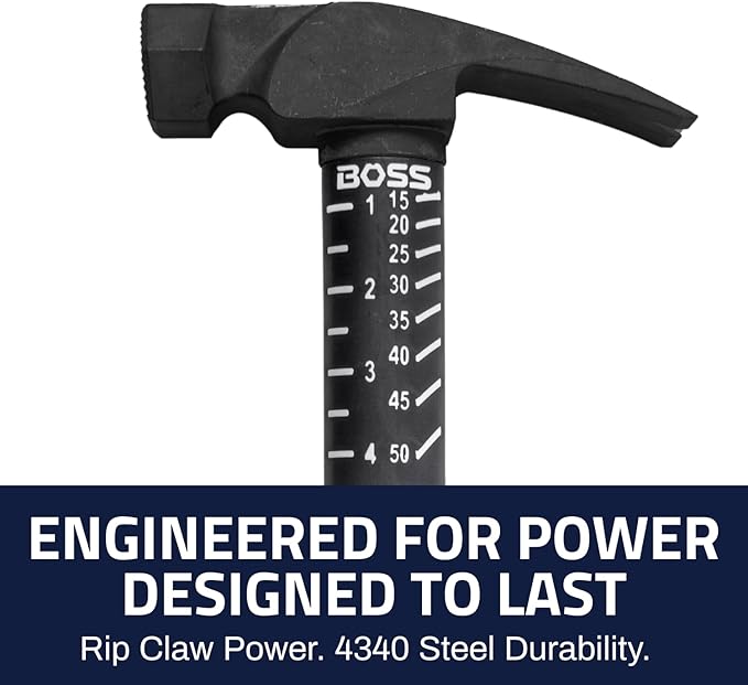 Boss Hammer 18 oz. Premium 4340 American Steel Rip Claw Hammer - Shock-Absorbing Poly-Fiberglass Handle, No-Slip Grip, Cerakote Finish, Milled Face - Made in USA - BH18STPFM