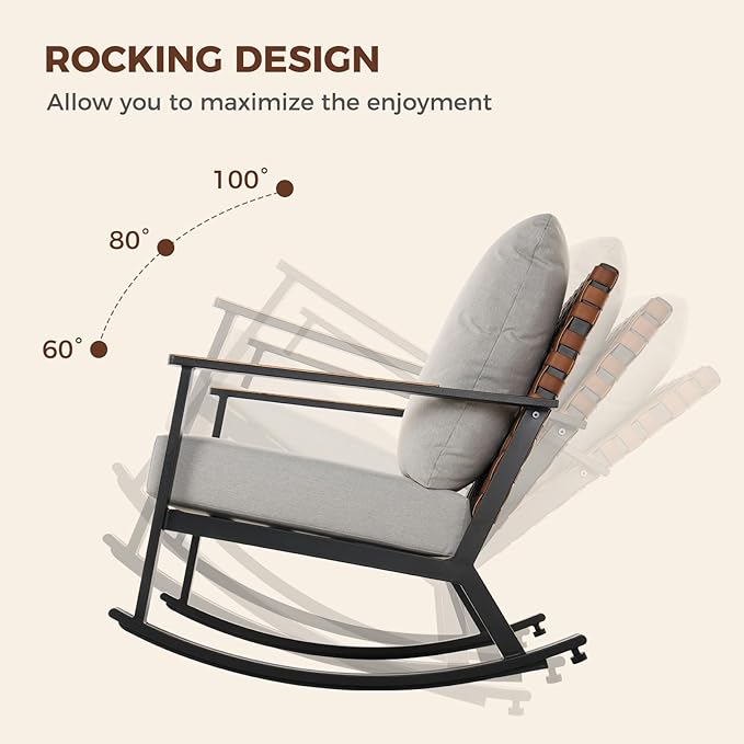 Grand patio Outdoor Rocking Chairs, 5-Piece Leather-Look Patio Bistro Set Outdoor Furniture Conversation Sets with Loveseat, 2 Rocking Chairs and 2 Faux Wood Grain Coffee Table, 4.75'' Grey Cushions