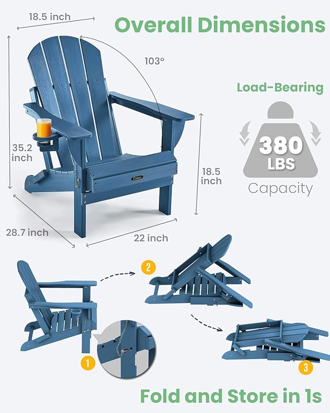 Ciokea Folding Adirondack Chair 2 Pack, Patio Adirondack Chair Weather Resistant, Plastic Fire Pit Chair with Cup Holder, Lawn Chair for Outdoor Porch Garden Backyard Deck (Royal Blue)