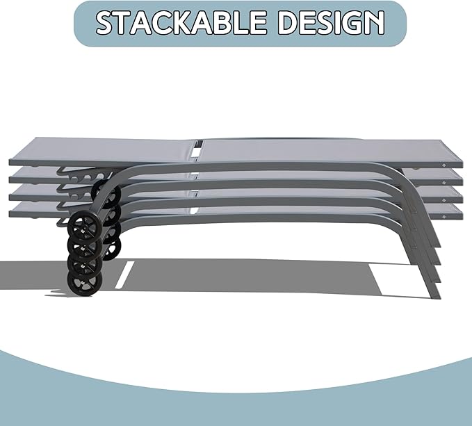 Domi Pool Lounge Chairs Set of 2, Adjustable Aluminum Outdoor Chaise Lounge with Wheels Patio Lounge Chairs, All Weather for Deck Lawn Poolside Backyard-Gray Textilene