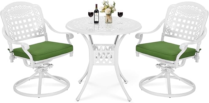 VIVIJASON 3-Piece Patio Bistro Set, Outdoor All-Weather Cast Aluminum Furniture Dining Set, Include 2 Swivel Rocker Chairs and 31" Round Table w/Umbrella Hole for Balcony, Lawn, Garden, White