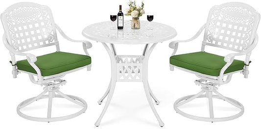 VIVIJASON 3-Piece Patio Bistro Set, Outdoor All-Weather Cast Aluminum Furniture Dining Set, Include 2 Swivel Rocker Chairs and 31" Round Table w/Umbrella Hole for Balcony, Lawn, Garden, White