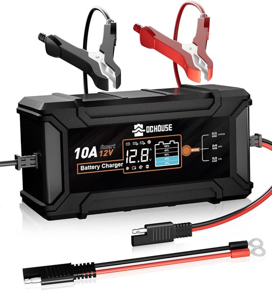 DC House Battery Charger 12V 10A, Smart Car Trickle Charger Fully Automatic Maintainer Desulfator for Lead-Acid & LiFePO4 Batteries Car Motorcycle Truck Lawn Mower