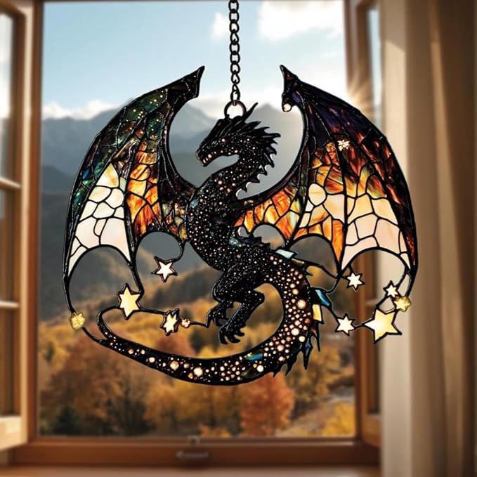 Celestial Dragon Christmas Ornament Mythical Creatures Suncatcher Window Hanging Acrylic Stained Glass Effect Art Garden Decor Unique Fantasy Gift for Mom Nerds Thanksgiving