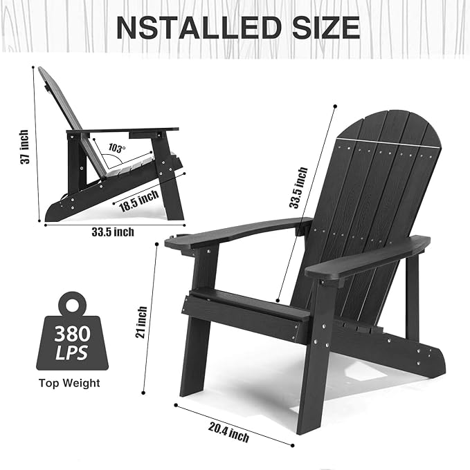 Adirondack Chair, All Weather Resistant Plastic Chairs with Cup Holder, 5 Easy Steps to Install, Outdoor Chairs for Patio, Garden, Backyard Deck, Lawn, Fire Pit - Black